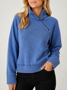Free People Just A Game Half-Zip Raglan Sleeves Ribbed Relaxed Blue Top M